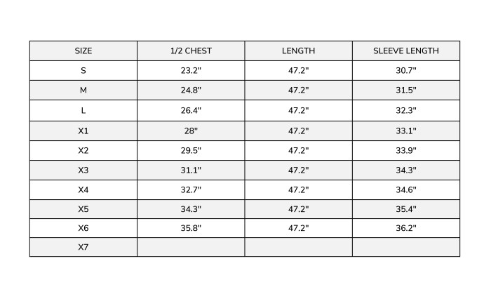 Majestic Jacket Size Chart